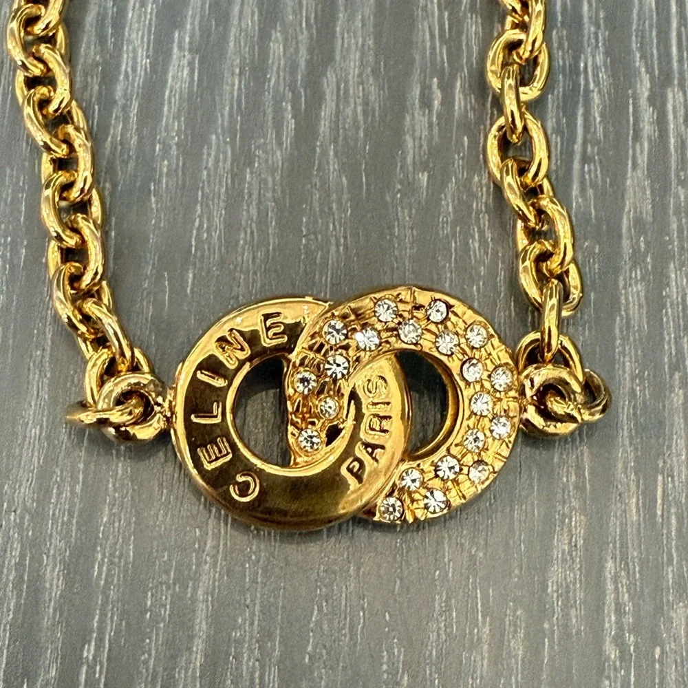 CELINE vintage gold plated circle logo Bracelet with rhinestones - Picture 2 of 5